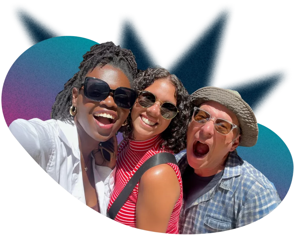 Collage of teal and purple graphic elements with a cutout of a 3 team members smiling and shouting