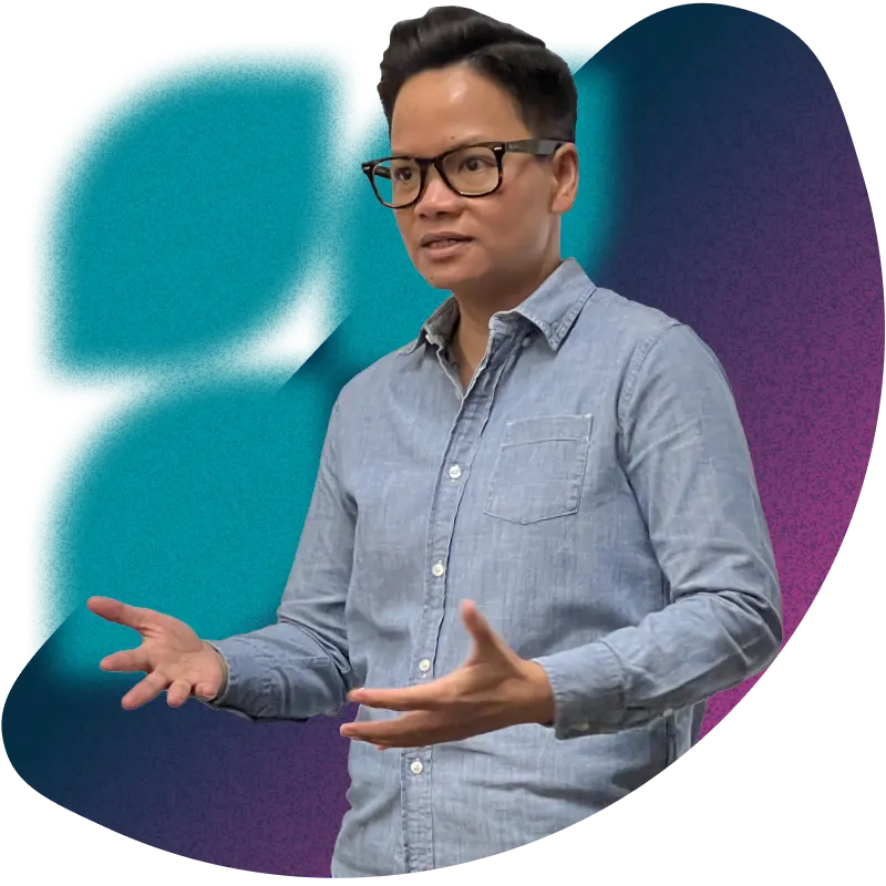 Collage of teal and purple graphic elements with a cutout of a person teaching